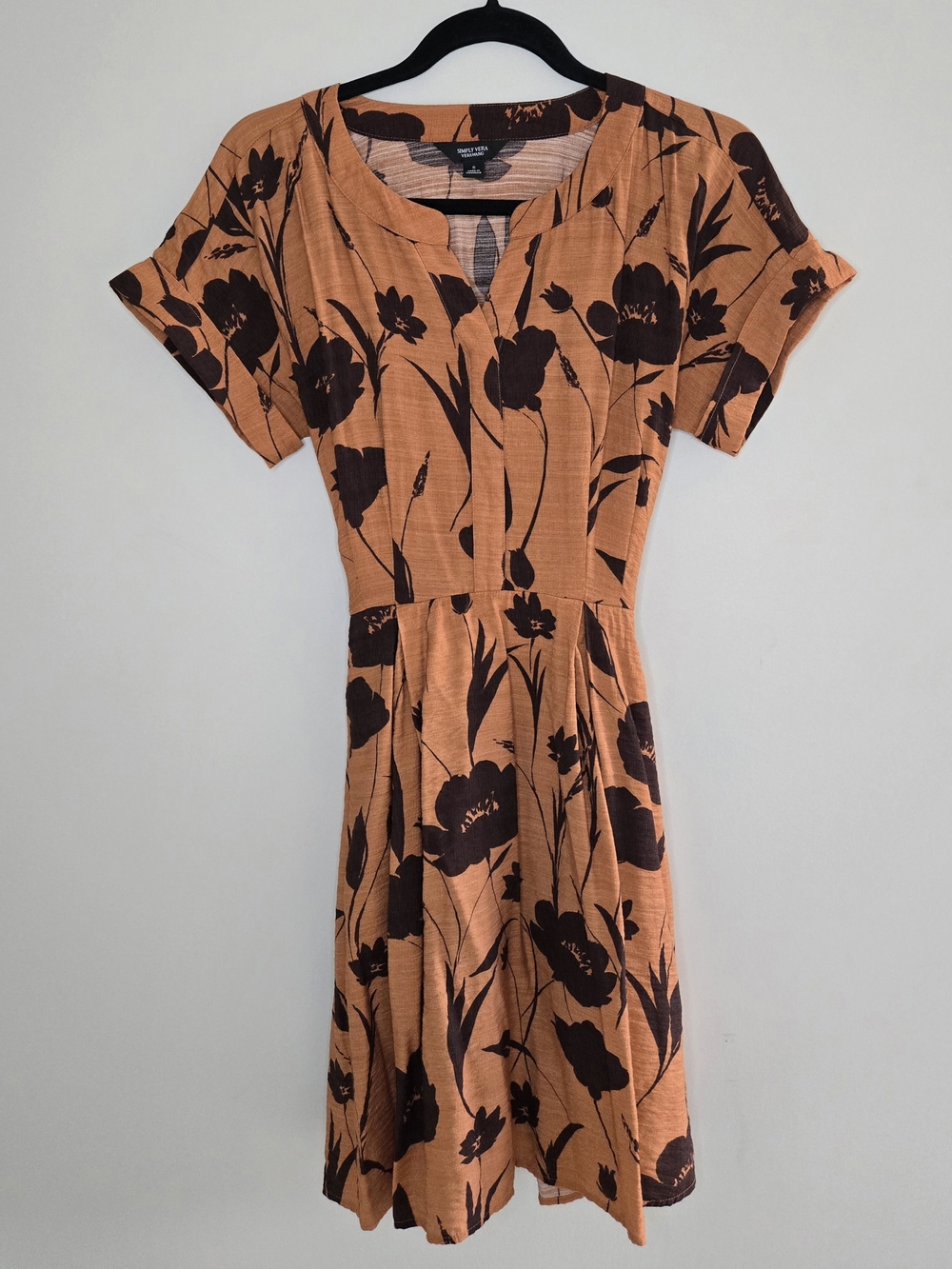 Simply Vera Vera Wang orange + brown dress, dark floral print, tie back
